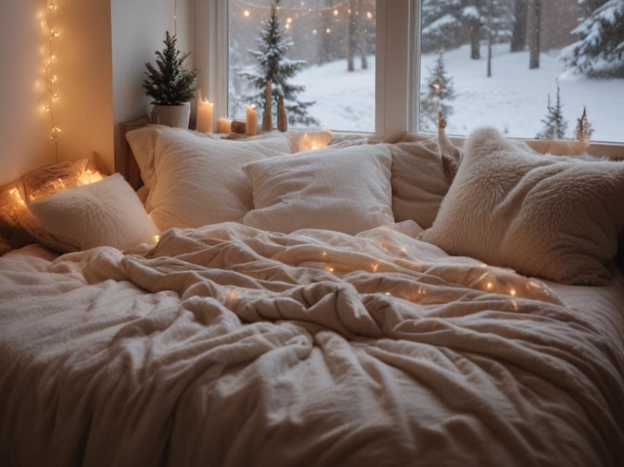 Cama con luces y ventana de invierno