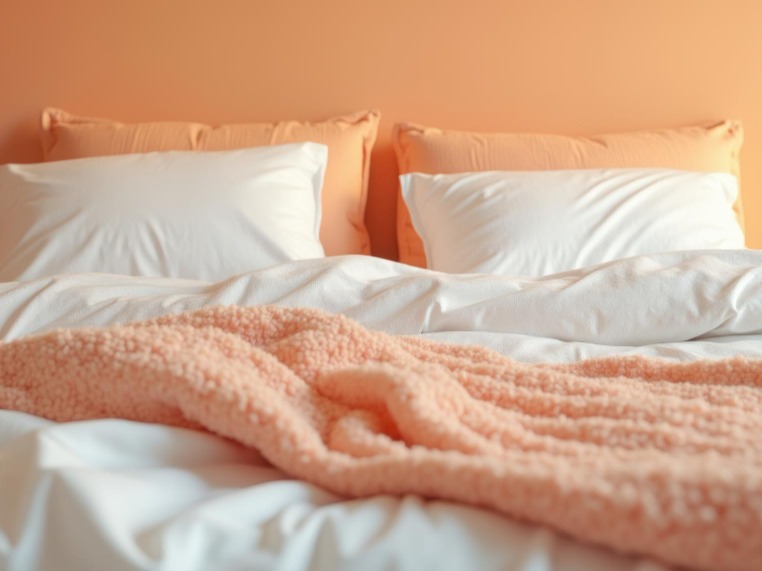 Cama de matrimonio en tonos blancos y salmón